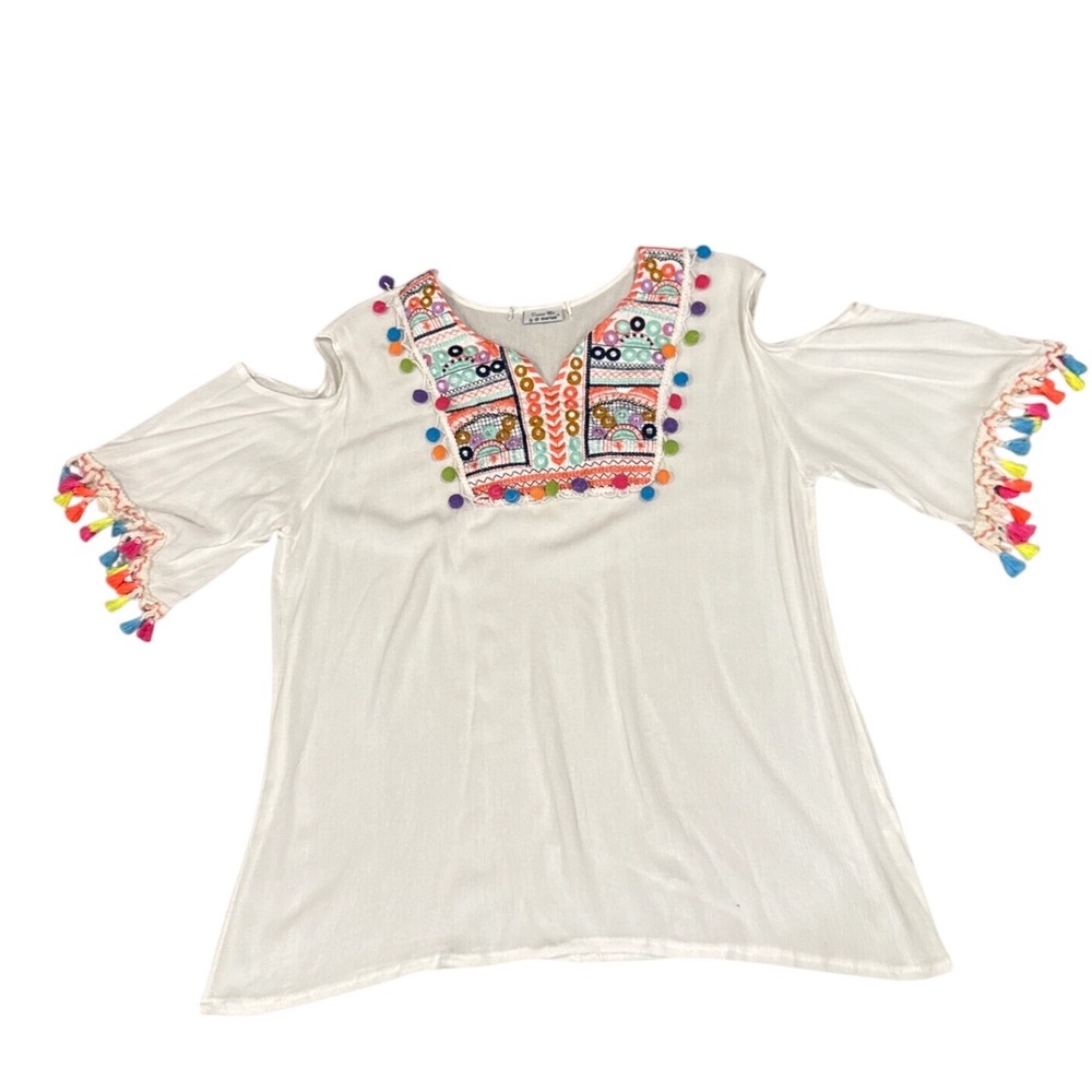 Croatian White by Di Mariali Woman's Embroidered Cold Shoulder Boho Cotton Top